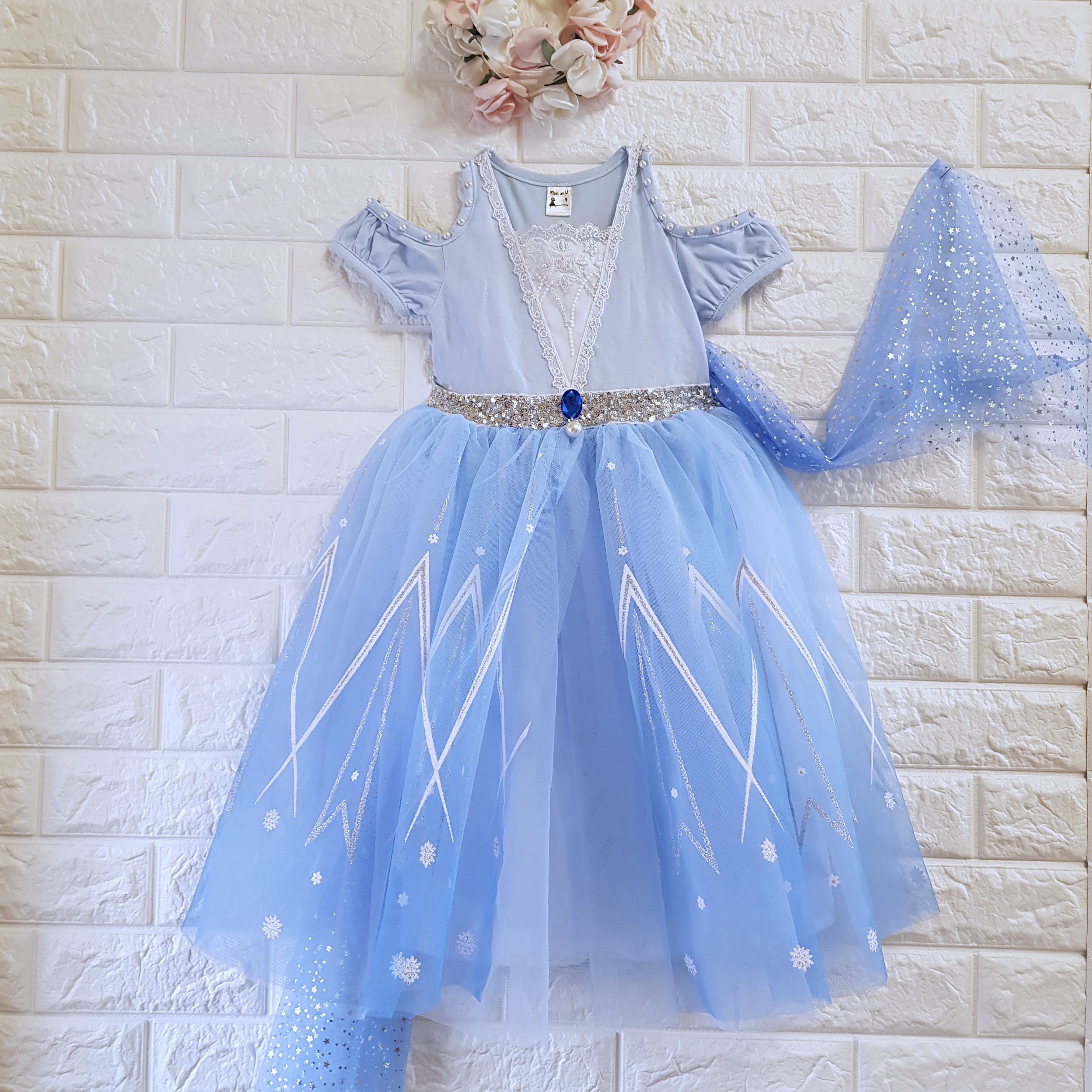 韓國 mari an u - (剩7號)冰雪奇緣2同款-艾莎洋裝(披風可拆,露肩款)-閃耀藍