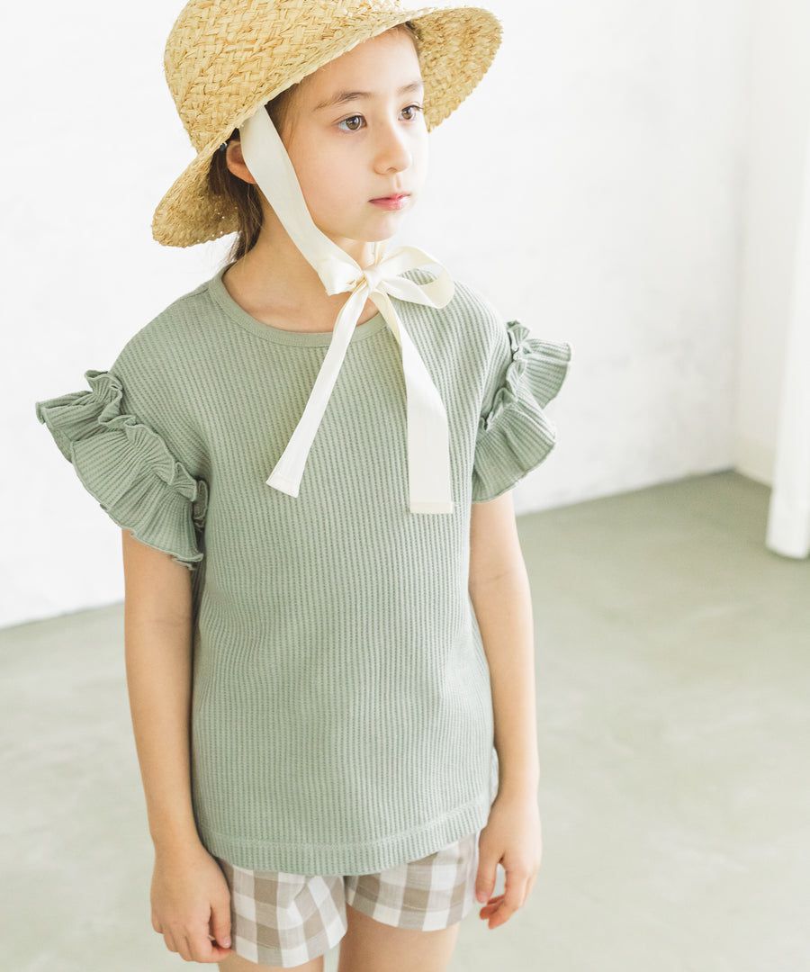 日本 PAIRMANON - 純棉荷葉衣袖拼接鬆餅紋短T-黑