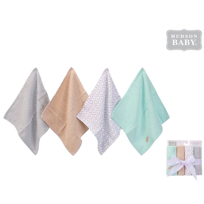 美國 Luvable Friends - 甜蜜寶貝100%純棉多功能嬰幼兒小方巾/洗澡巾/擦嘴巾4入組_25*25cm-調皮棕象