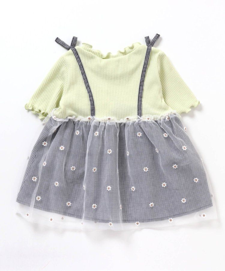 日本 apres les cours - 花朵刺繡拼接夢幻短袖上衣-嫩綠x黑