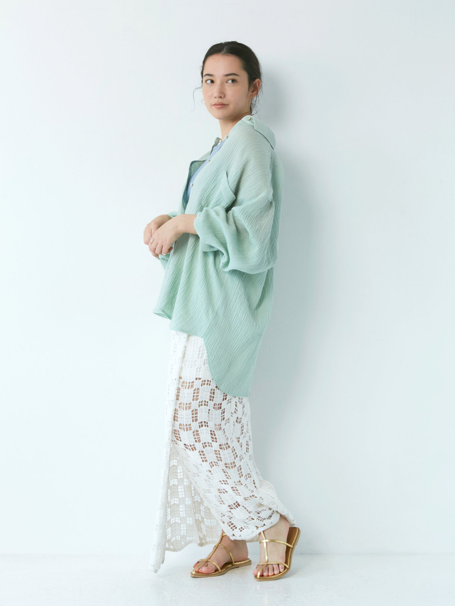 日本 Ungrid - 楊柳皺摺垂墜感襯衫-薄荷 (F)