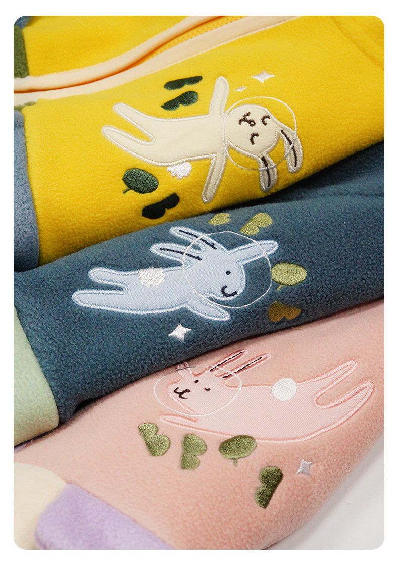 Minizone - 搖粒絨連帽拼色長袖外套-太空兔兔-黃+綠