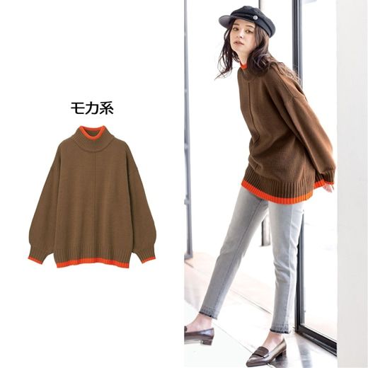 日本 BELLUNA - 高領落肩寬鬆柔軟針織毛衣-素色-暖橘