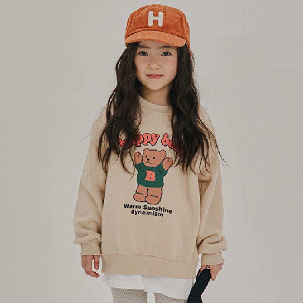 W.S.B. 內磨毛長袖大學T-happy bear-卡其杏