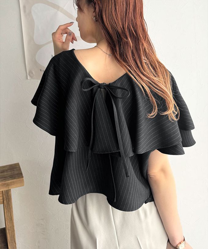 日本 Classical Elf - 前後2way優雅荷葉大翻領上衣-細條紋-卡其棕