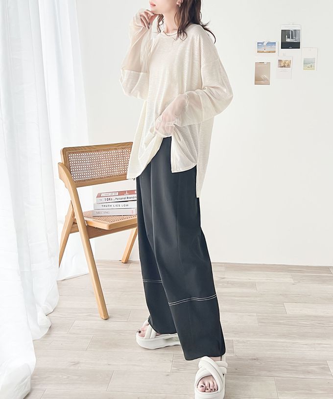 日本 Classical Elf - 寬鬆感薄紗拼接長袖上衣-指孔設計-黑