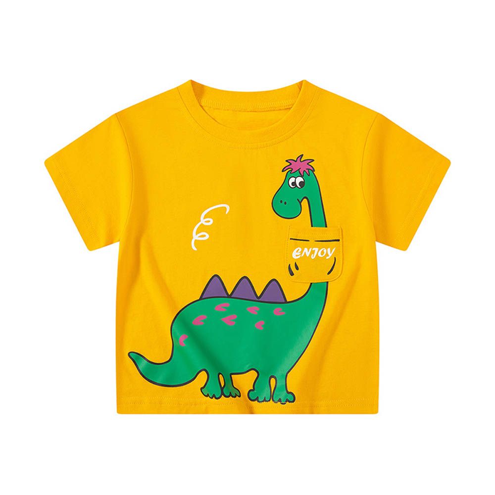 純棉短袖上衣-口袋恐龍-黃色