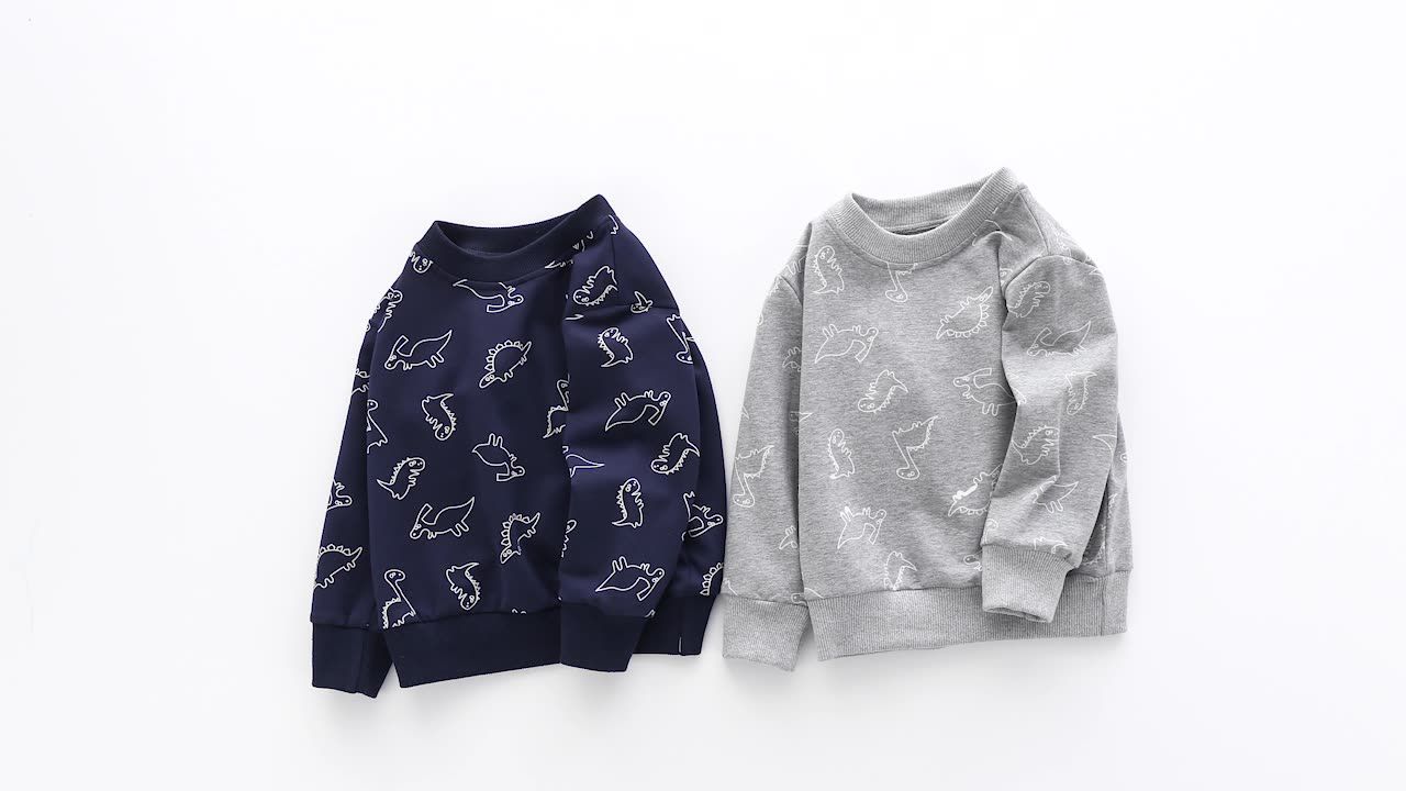 WELLKIDS - 棉質圓領長袖上衣-簡畫小恐龍-灰色