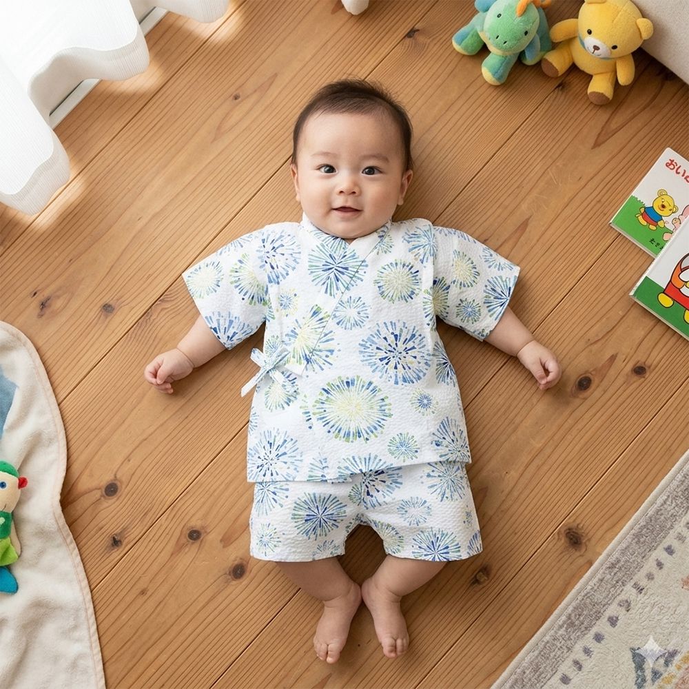 兒童兩件式甚平-煙火-米白色