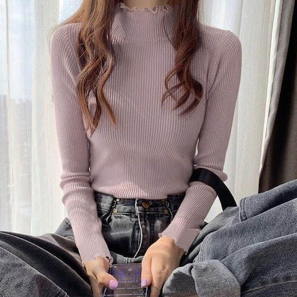 甜美木耳立領羅紋長袖上衣-粉紅