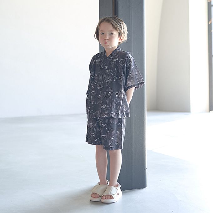 日本 b-ROOM - [限量]夏季印花純棉甚平-方塊-灰藍