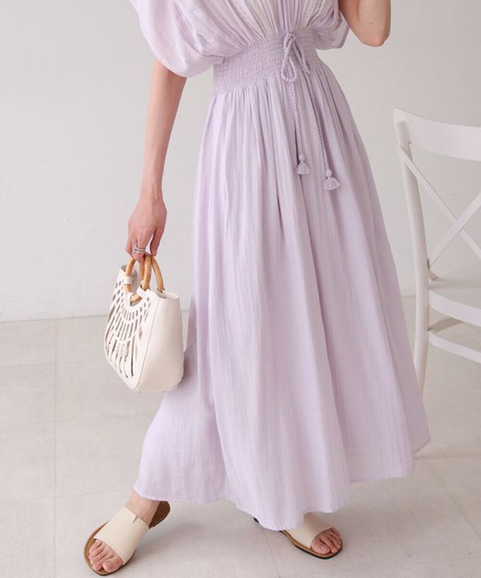 日本 Bab - 100%印度棉 素雅刺繡收腰短袖洋裝-黃