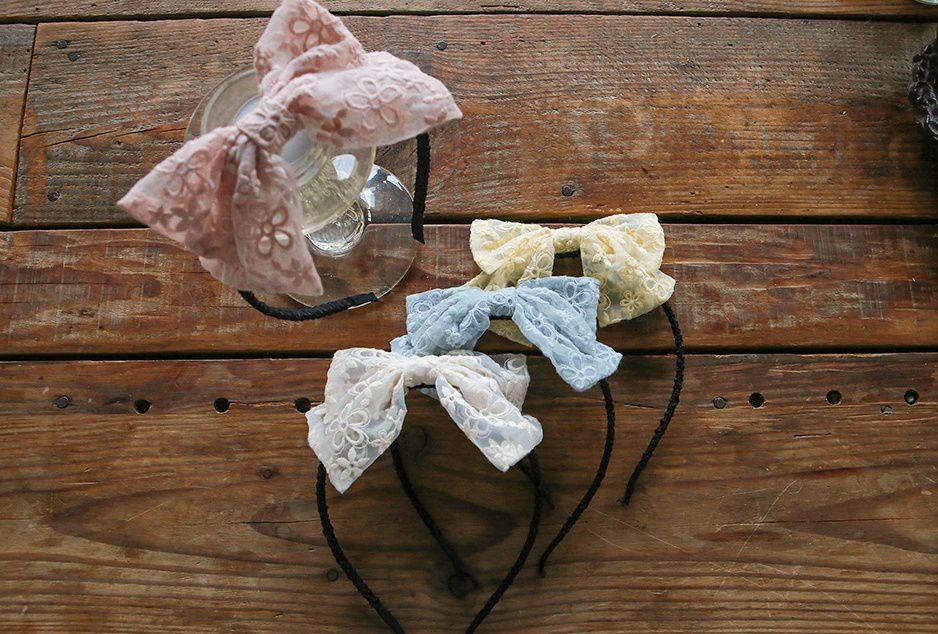 韓國 PuellaFLO - 刺繡花朵雙層蝴蝶結髮箍-鵝黃