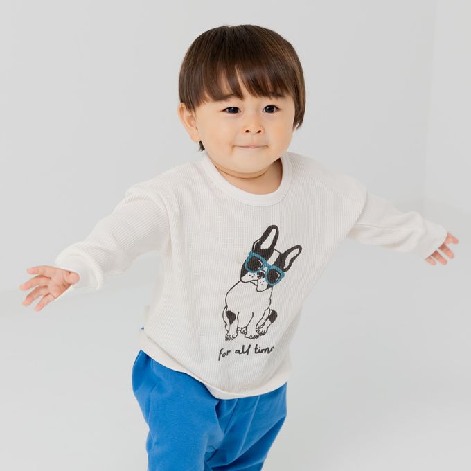 日本 Chil2 - 華夫格舒適薄長袖上衣-墨鏡小狗-粉紅