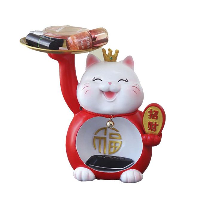 MODACore 摩達客 - ◉春節開運◉呆萌福氣頂托盤招財貓擺飾(紅色款) 糖果收納聚寶盆-紅色
