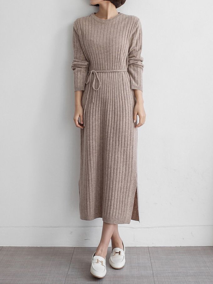 韓國女裝連線 - 喀什米爾羊毛針織連身洋裝-摩卡 (FREE)
