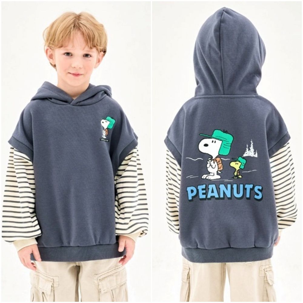 (聯名款)卡通人物史努比內刷毛條紋袖連帽上衣-霧灰藍