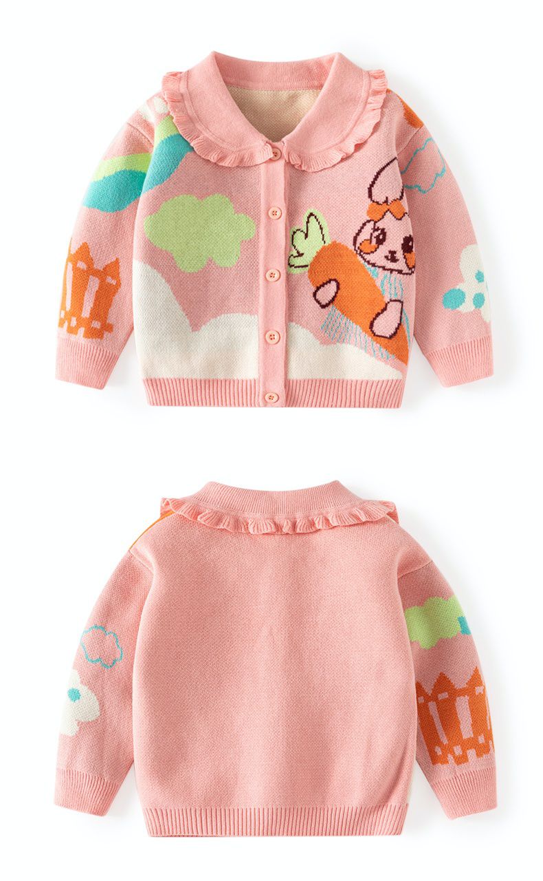 純棉花邊領針織排釦外套-蘿蔔兔兔-粉色