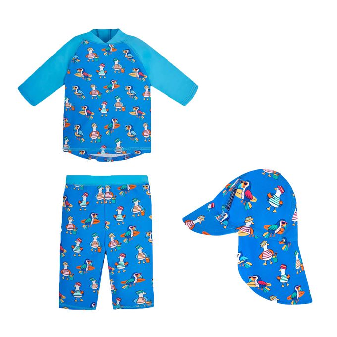 英國 JoJo Maman BeBe - 兩件式泳裝+防曬護頸遮陽帽-海鷗家族_JJH3940+海鷗家族_JJH3941