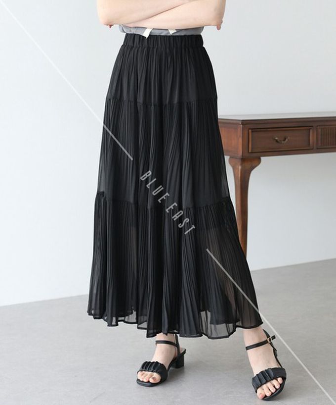 日本 BLUE EAST - 優雅細摺雪紡分層鬆緊長裙-黑 (M)