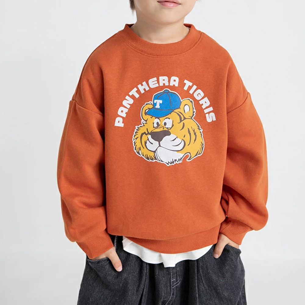 裏起毛 舒適縮口長袖上衣-老虎-橘