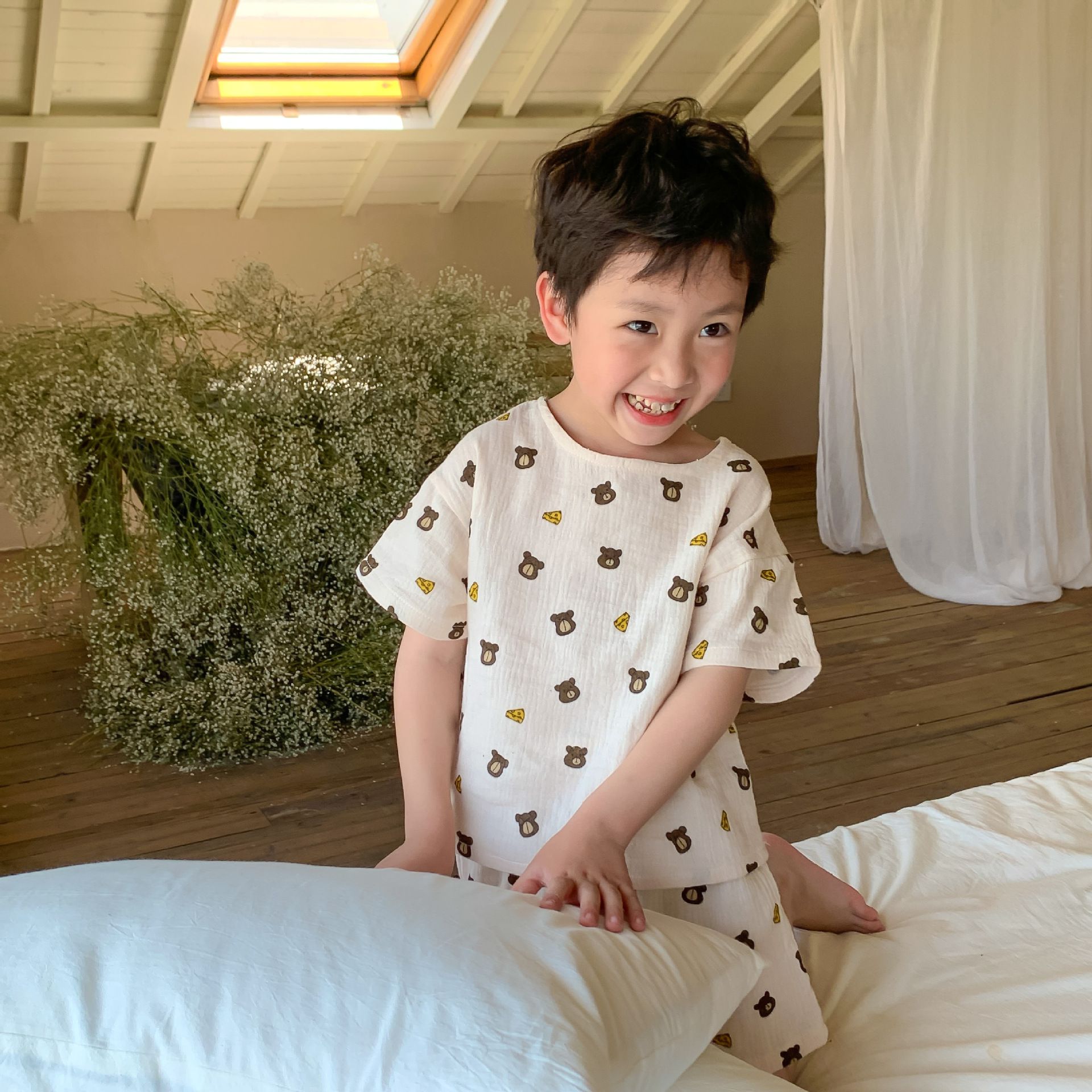 紗布棉短袖家居服套裝-小碎花-奶油色