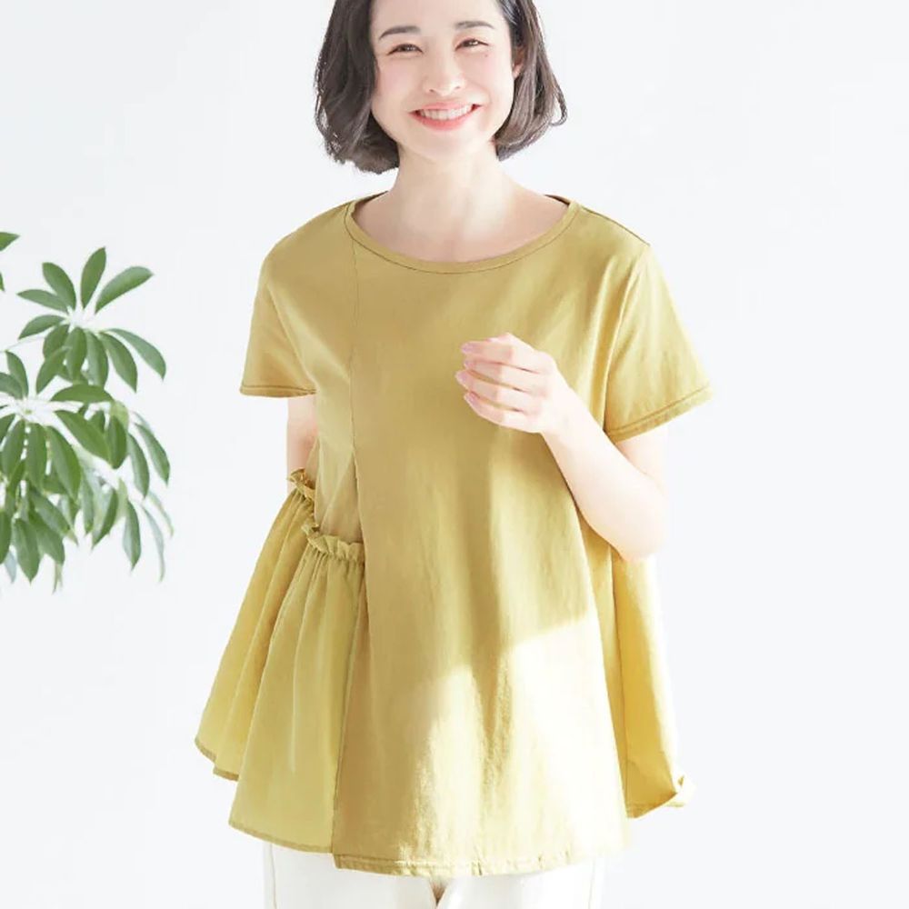 日本 BELLUNA - 異材質拼接寬鬆短袖上衣-黃