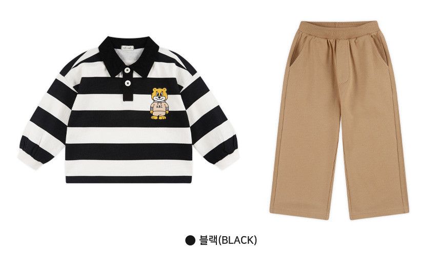 韓國 WALTON kids - 熊印寬橫紋長袖套裝