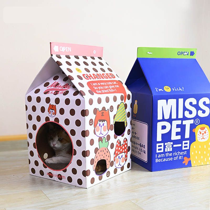 瓦愣紙製造型貓抓屋-草莓牛奶盒-粉色 (38.7x32x32.5cm)