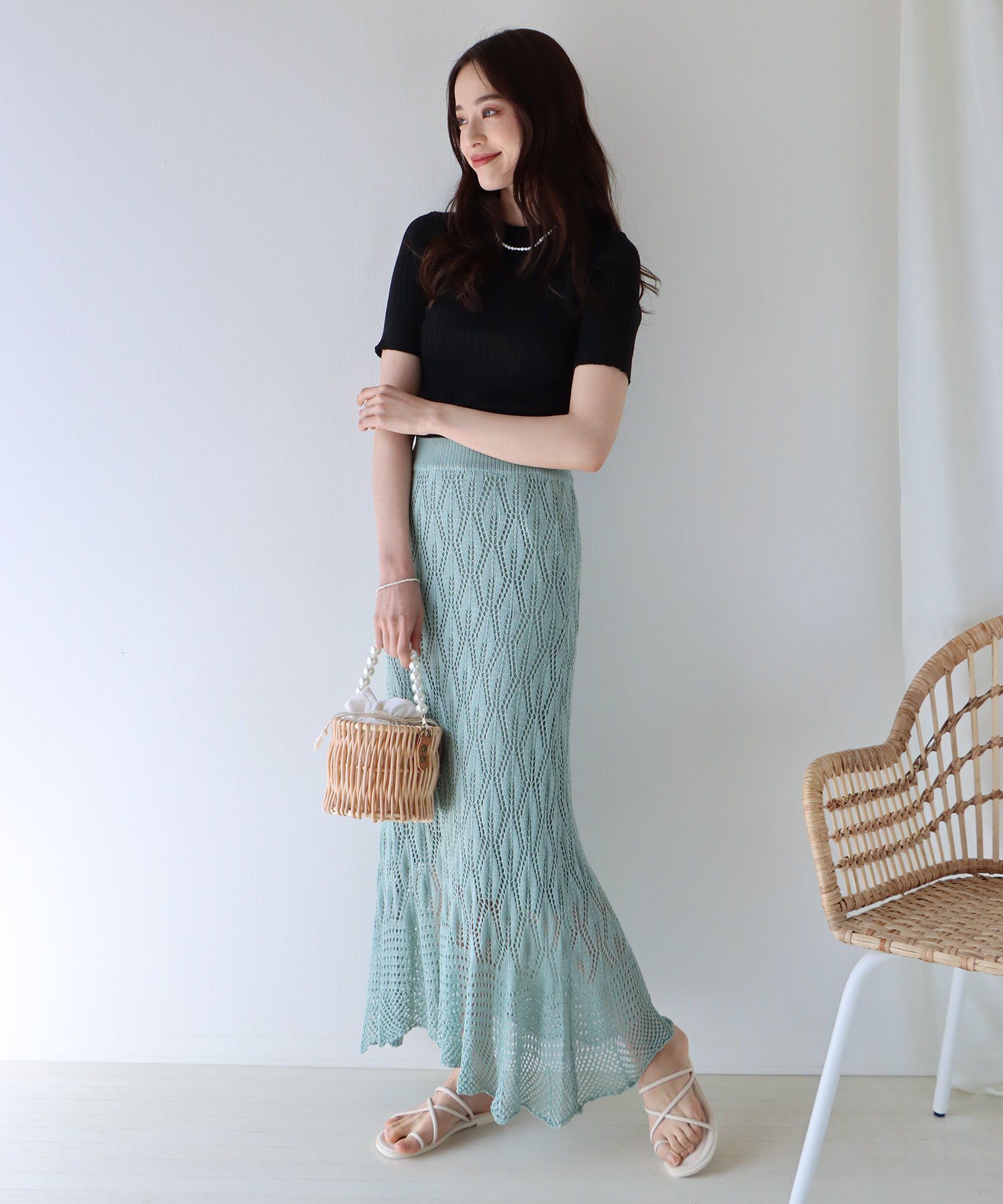 日本 BLUE EAST - 彈性寬羅紋薄針織短袖上衣-淺粉x白