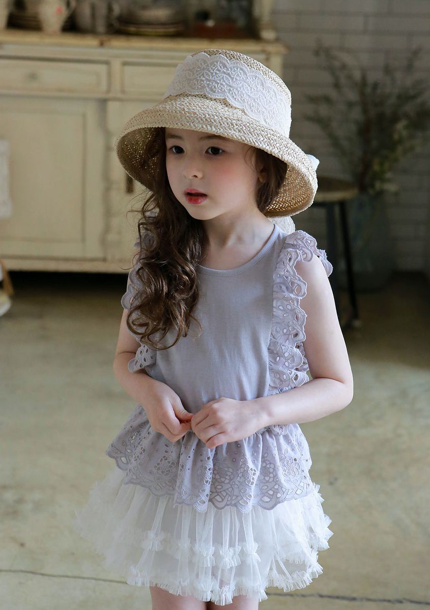 韓國 PuellaFLO - 鏤空荷葉無袖上衣-灰藍