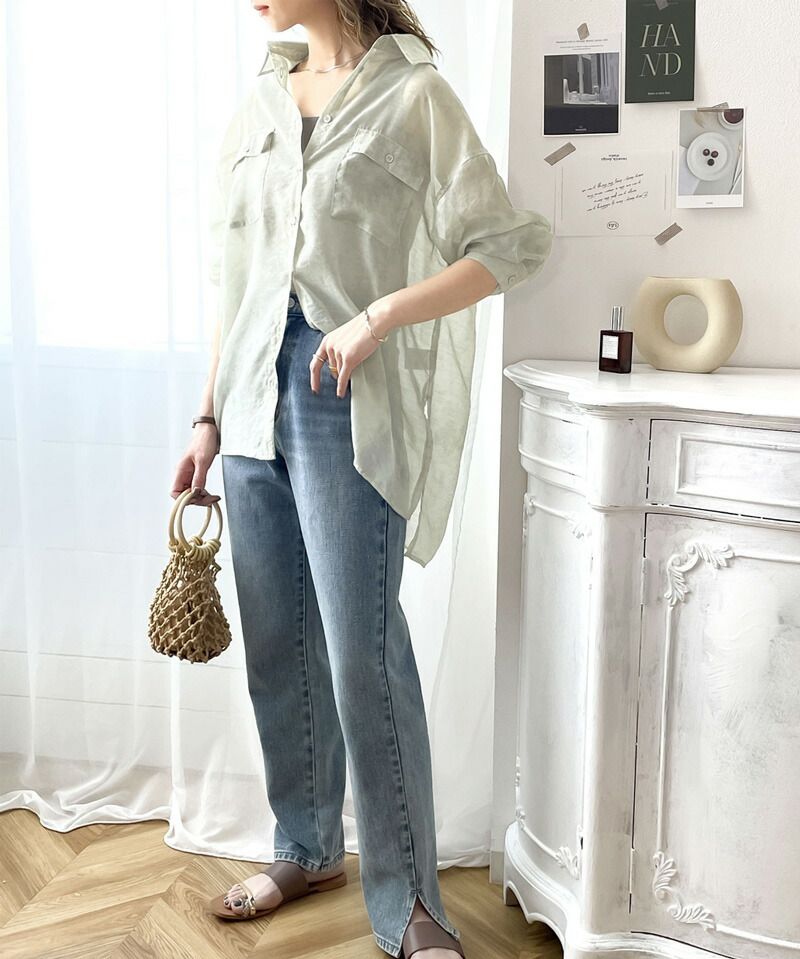 日本 Classical Elf - 空氣感透膚翻領薄襯衫-灰棕