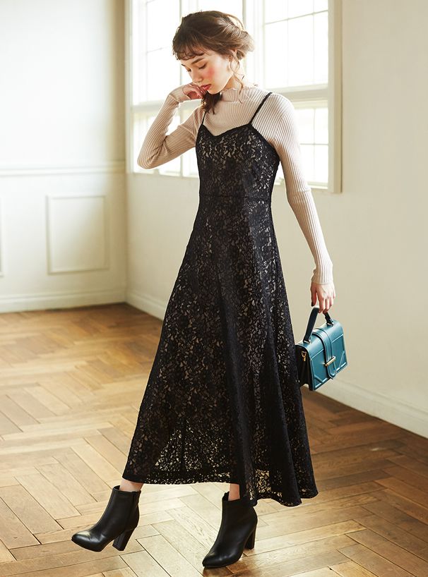 日本 GRL - 午夜緹花收腰兩件式吊帶洋裝-灰杏x黑