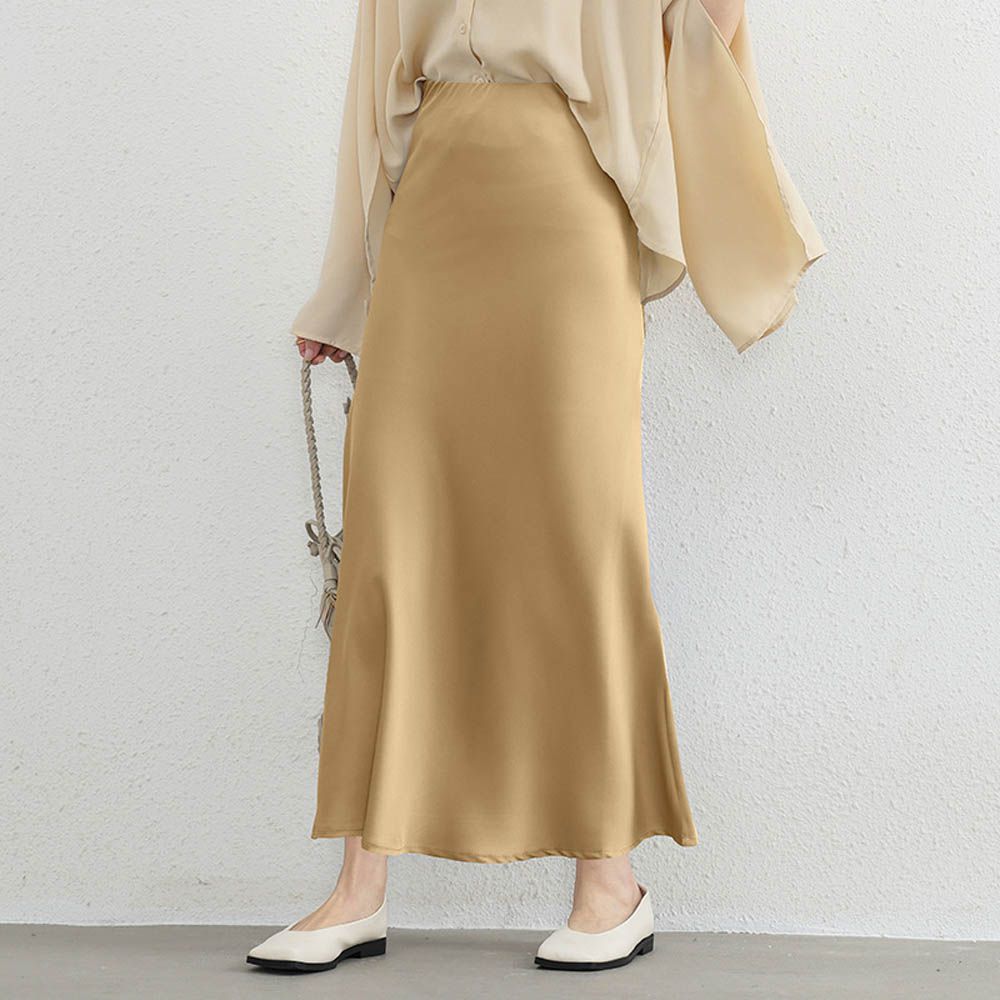 優雅緞面高腰魚尾裙-黃色