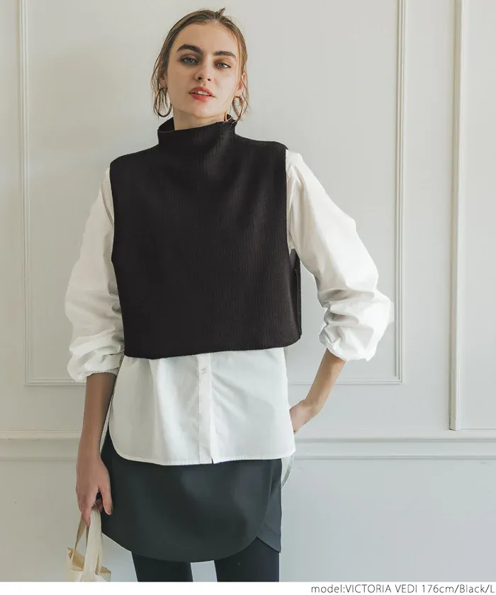 日本 COCA - 高領針織背心+前短後長襯衫2件組-黑