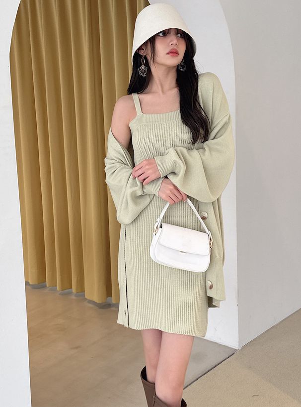 日本 GRL - 甜美針織洋裝+長版外套2件組-淺米杏