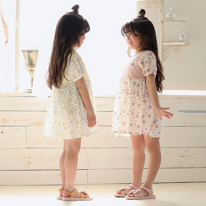 日本 ZOOLAND - 甜美花卉胸前蕾絲短袖洋裝-粉紅