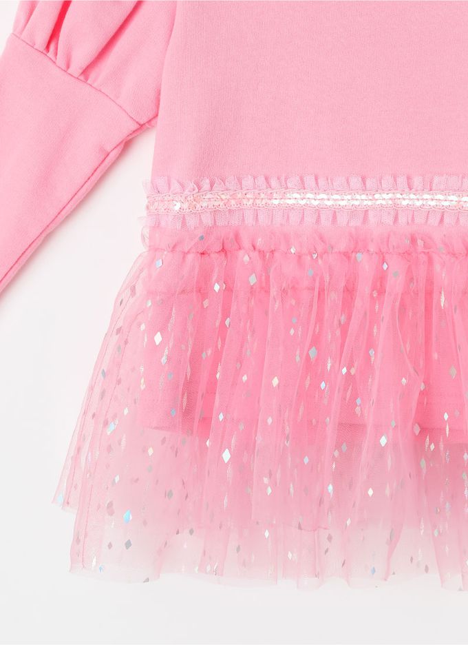 韓國 OZKIZ - 亮片網紗裝飾長袖微喇叭套裝-粉