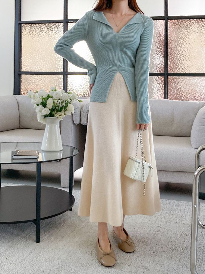 韓國女裝連線 - 浪漫開衩領羊毛針織上衣-燕麥杏 (FREE)