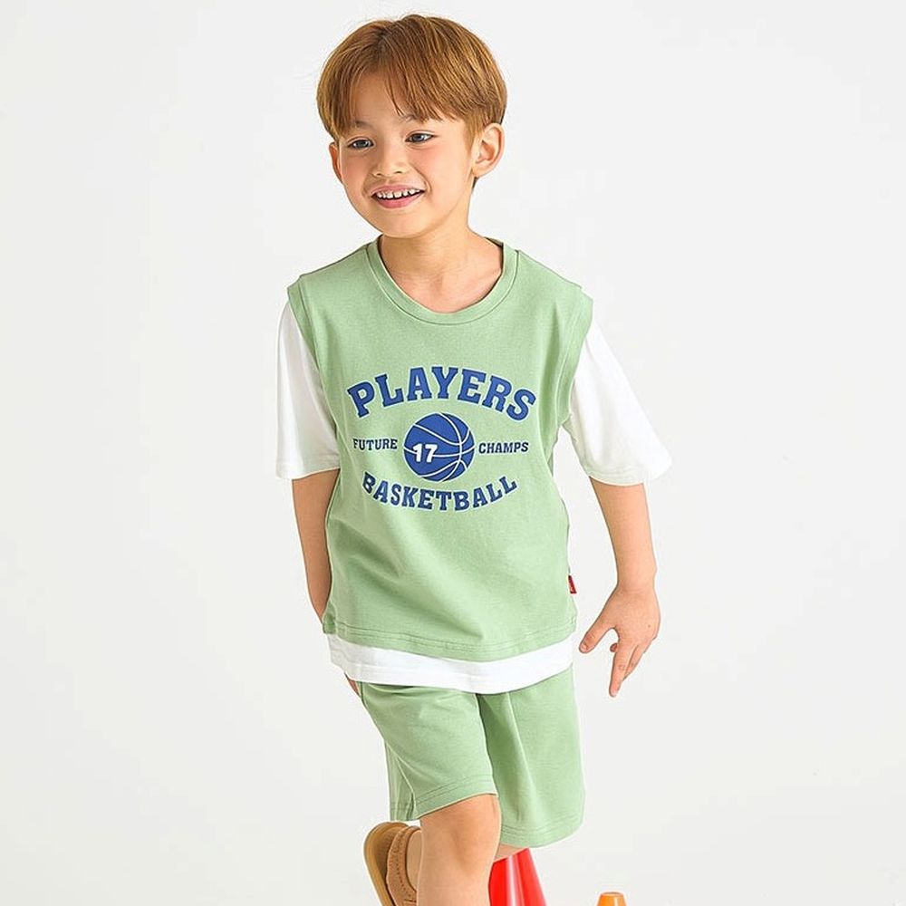 假兩件籃球圖案短袖套裝-綠