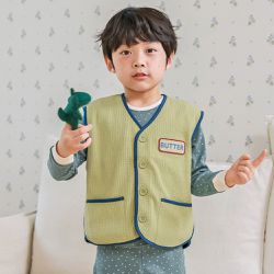 韓國 Ppippilong - 純棉鬆餅格織紋V領口袋背心-黃綠