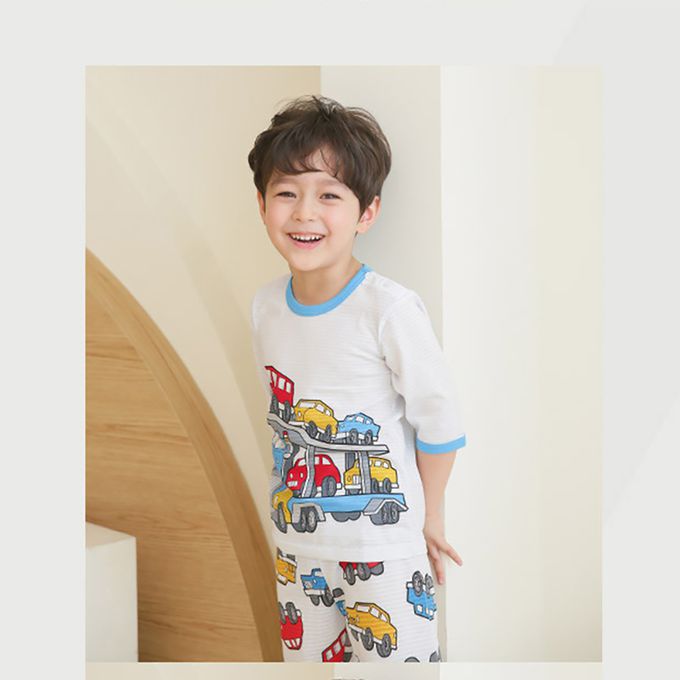 正韓 Puco - 超優質嬰幼兒/兒童七分袖100% 有機純棉家居服/睡衣-車車家族