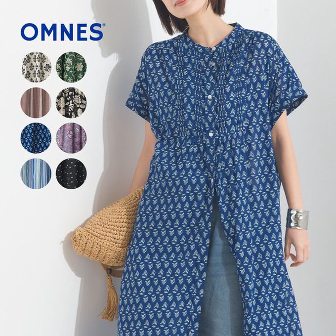 日本 OMNES - 100%印度棉 襯衫式印花短袖洋裝-淺棕條紋