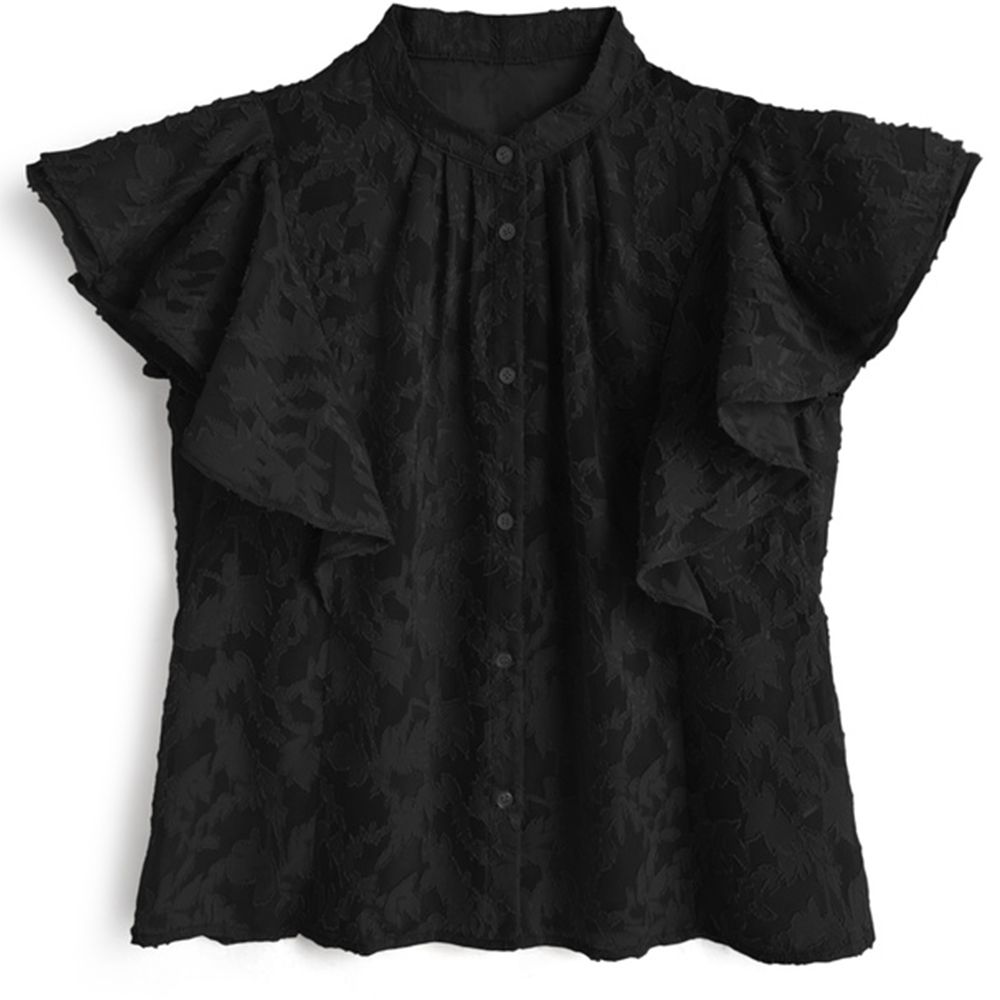 浪漫緹花皺摺荷葉短袖襯衫-黑 (F)