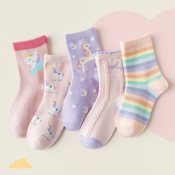 love, charlotte - 馬卡龍色彩虹夢幻獨角獸中筒棉襪-5 雙一組