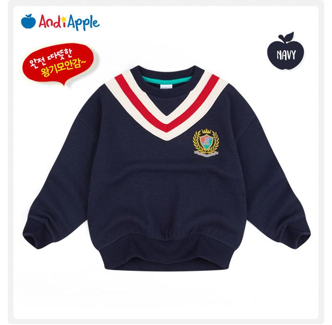 韓國 AndiApple - 學院盾牌V撞色內刷毛大學T-深藍
