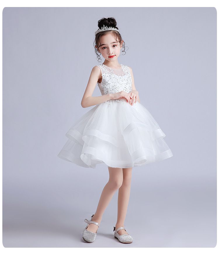 蕾絲網紗無袖澎澎紗裙-亮片小花-白色