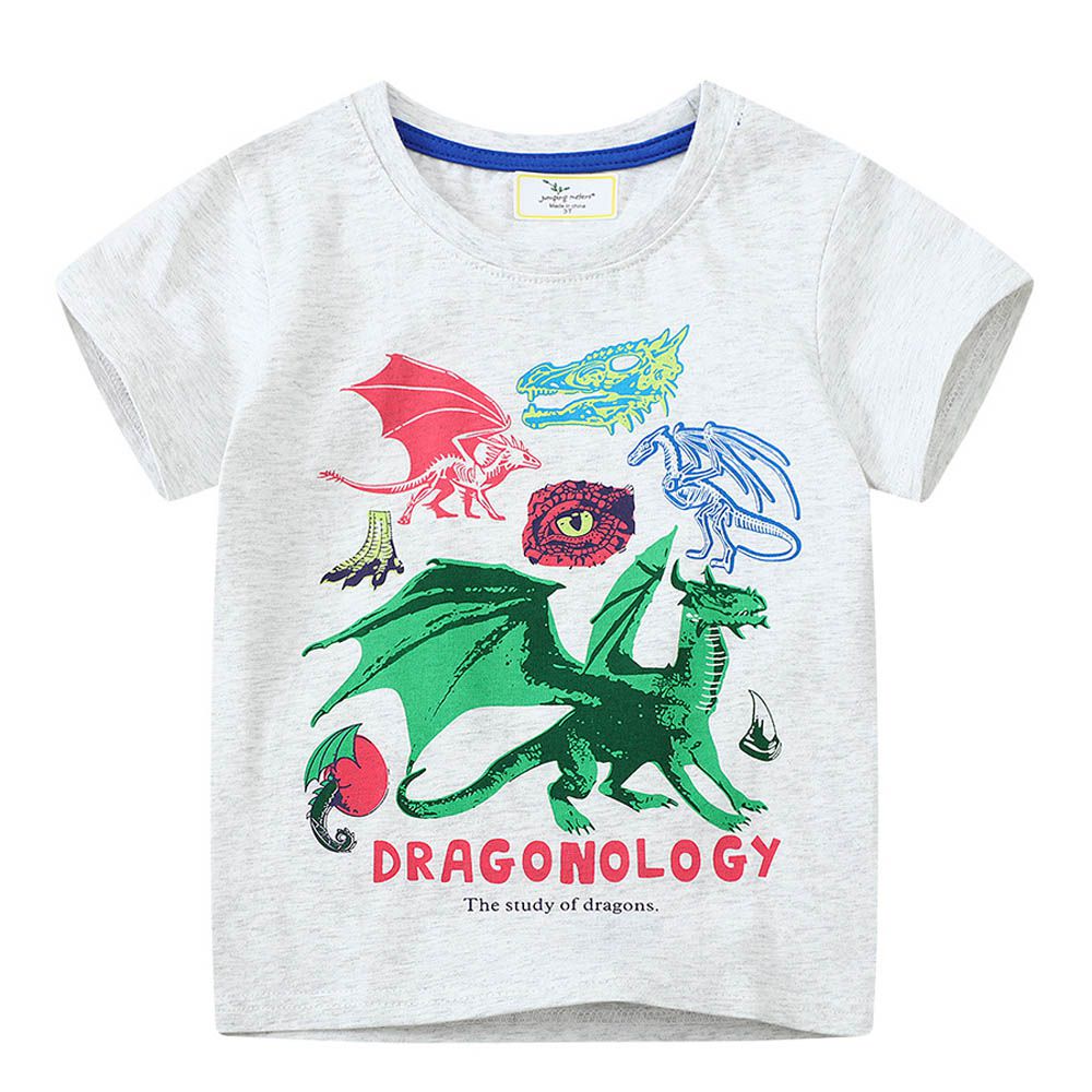 棉質圓領短袖上衣-恐龍學-麻灰