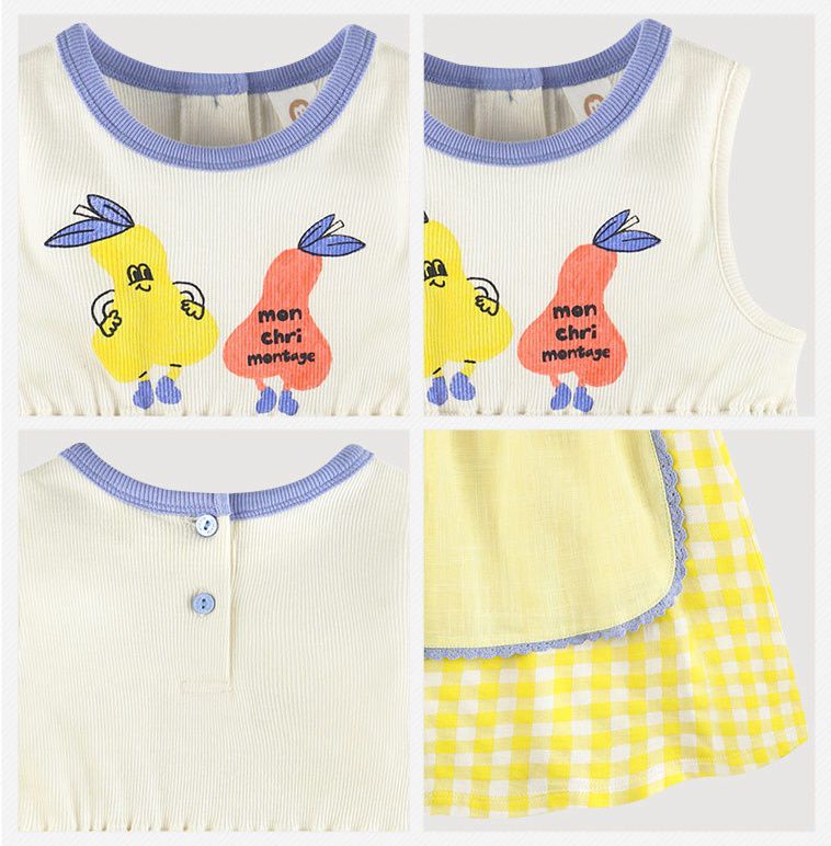 韓國 milk mile - 印花拼接格紋背心洋裝-象牙白X黃