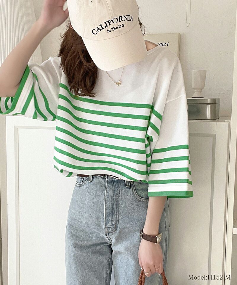 日本 Classical Elf - 圓領透氣橫條紋五分袖上衣-白x綠